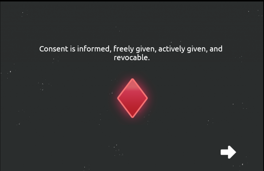 A screenshot from the video game 'ADRIFT'. A dark background with a red diamond in the center. Above the diamond is the sentence: "Consent is informed, freely given, actively given, and revocable."