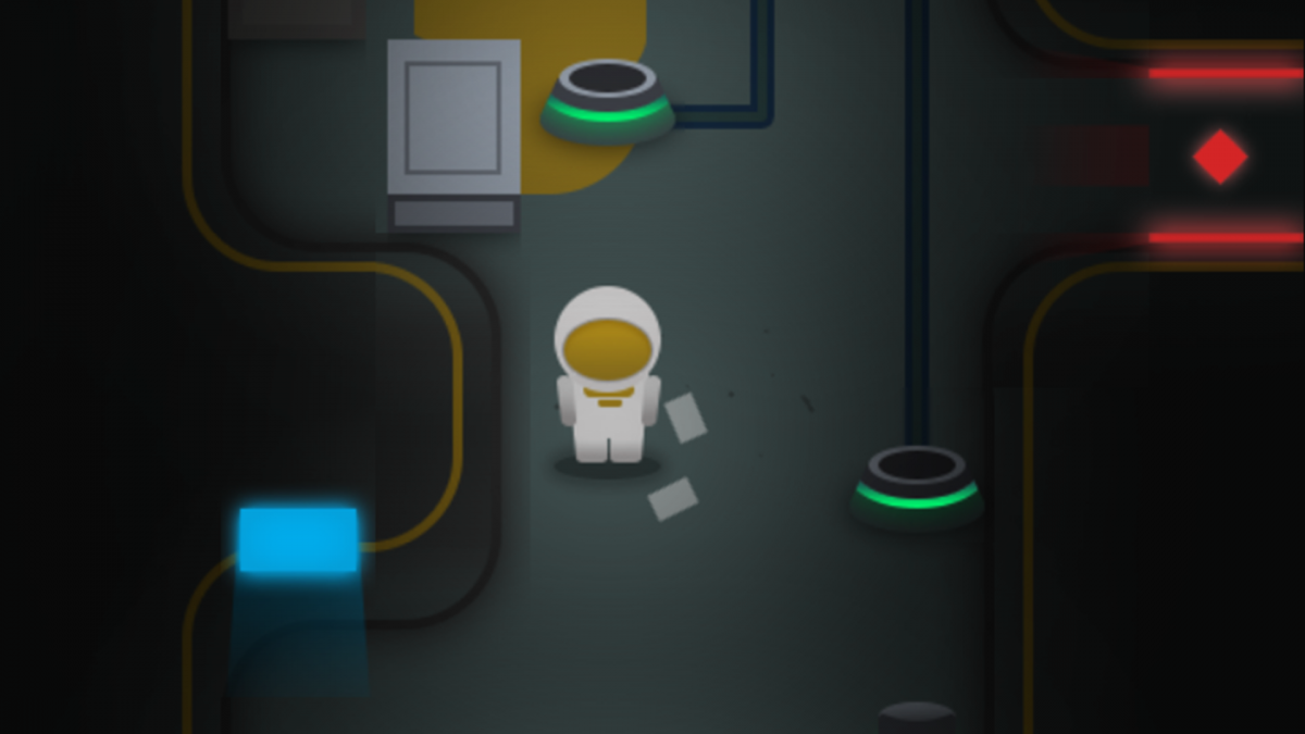 A screen from the consent video game 'ADRIFT'. A small character in a spacesuit is in the middle of the screen. The background is of the interior of a spaceship, green glowing receptacles are above and to the right of the character.